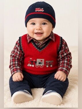 Goodlad Baby Boy 3-Piece Train Sweater Vest Plaid Shirt & Beanie Set 3-6M